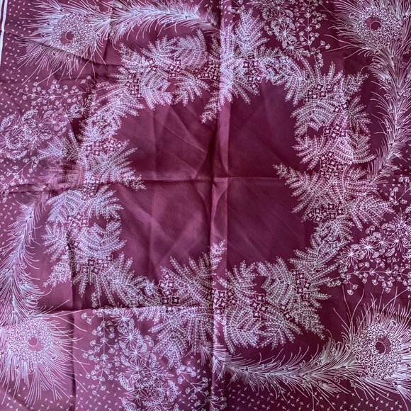 Vintage 1970s Burgundy Feather Print Poly Scarf - Picture 9 of 13